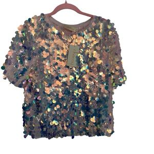 Choosy Women’s Short Sleeve Crewneck Iridescent Sequin Tulle Blouse Sz XS NWT